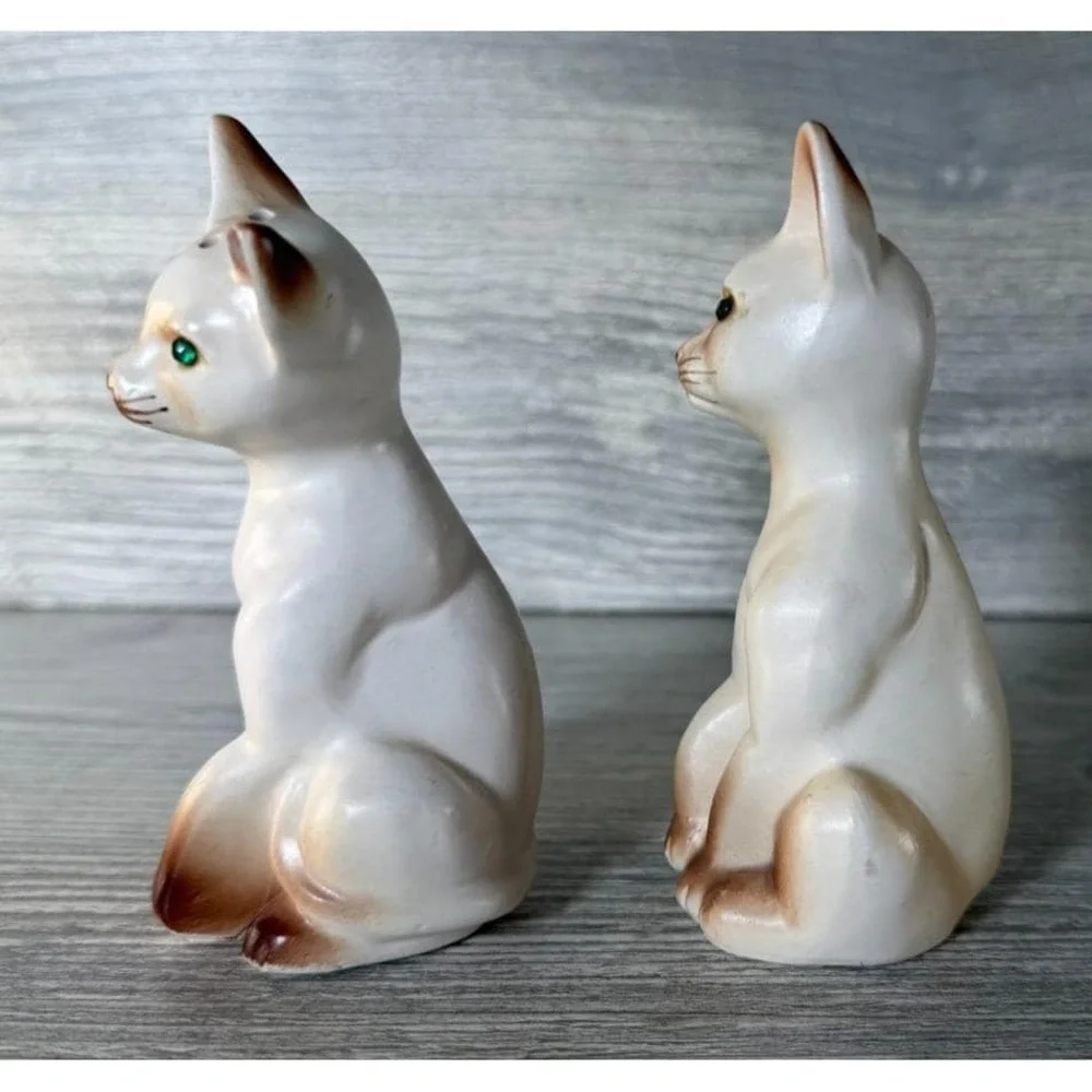 Vtg Salt & Pepper Shakers Siamese Cat Green Rhinestone Eyes W/Stoppers Japan